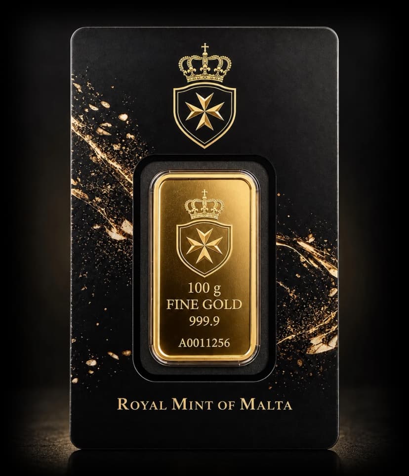 100g fine gold bar sealed in its Royal Mint of Malta assay card