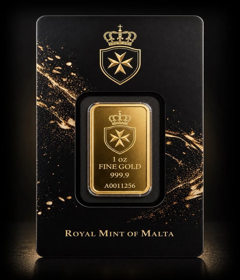 1oz fine gold bar sealed in its Royal Mint of Malta assay card