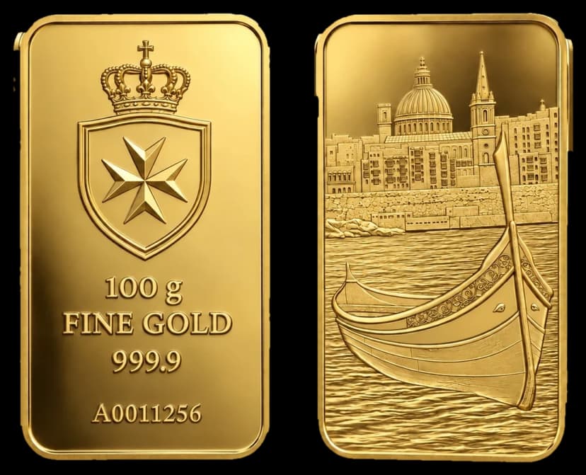 100g fine gold bar, Maltese Cross crest and Valletta harbour, obverse and reverse