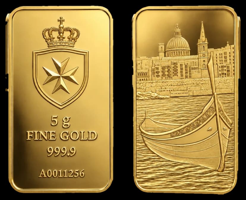 5g fine gold bar, Maltese Cross crest and Valletta harbour, obverse and reverse