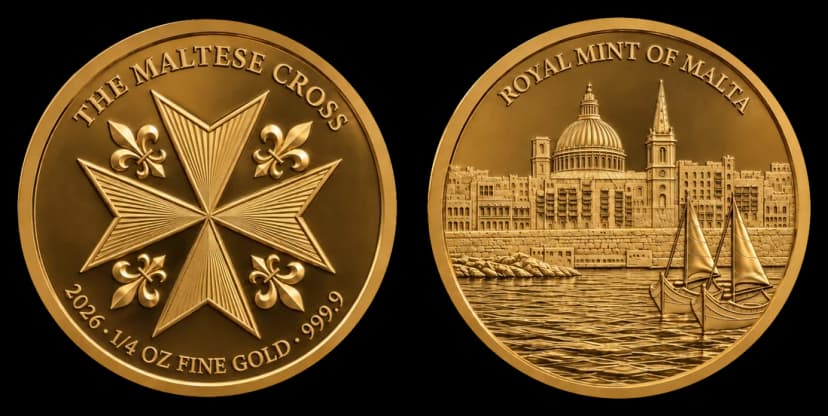 Maltese Cross 1/4oz gold coin, obverse and reverse