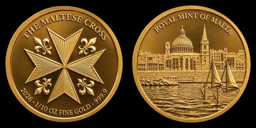 Maltese Cross 1/10oz gold coin, obverse and reverse